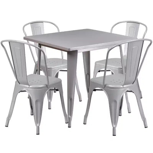 Emma and Oliver Commercial Grade 31.5 Square Metal Indoor-Outdoor Table Set with 4 Stack Chairs