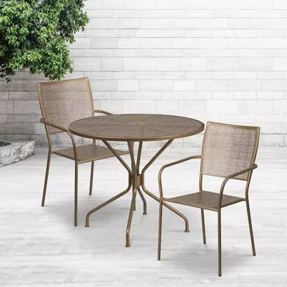 Ensemble table de jardin et de terrasse ronde en métal Emma and Oliver de qualité commerciale de 35,25 po, 2 chaises à dossier carré