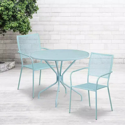 Ensemble table de jardin et de terrasse ronde en métal Emma and Oliver de qualité commerciale de 35,25 po, 2 chaises à dossier carré