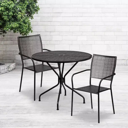 Ensemble table de jardin et de terrasse ronde en métal Emma and Oliver de qualité commerciale de 35,25 po, 2 chaises à dossier carré
