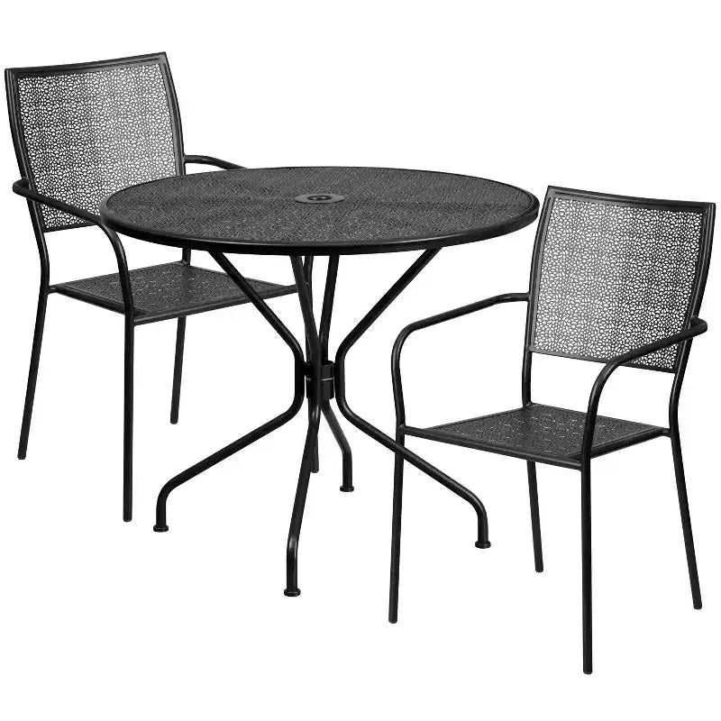 Ensemble table de jardin et de terrasse ronde en métal Emma and Oliver de qualité commerciale de 35,25 po, 2 chaises à dossier carré