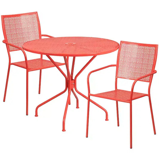 Emma and Oliver Commercial Grade 35.25 Round Metal Garden Patio Table Set, 2 Square Back Chairs