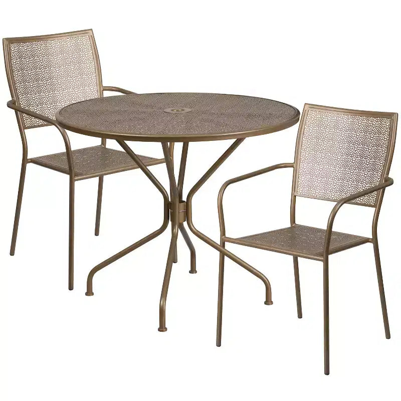 Ensemble table de jardin et de terrasse ronde en métal Emma and Oliver de qualité commerciale de 35,25 po, 2 chaises à dossier carré