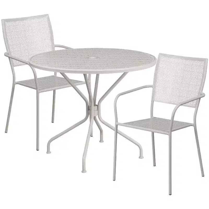 Ensemble table de jardin et de terrasse ronde en métal Emma and Oliver de qualité commerciale de 35,25 po, 2 chaises à dossier carré