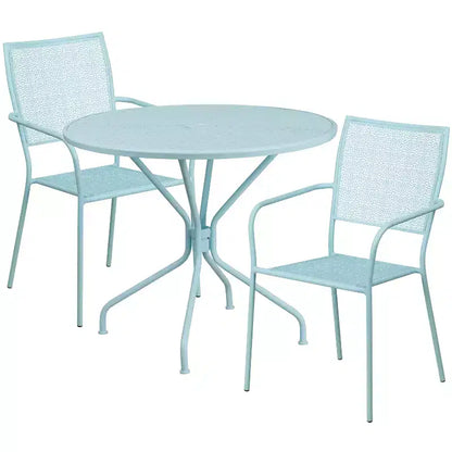 Ensemble table de jardin et de terrasse ronde en métal Emma and Oliver de qualité commerciale de 35,25 po, 2 chaises à dossier carré