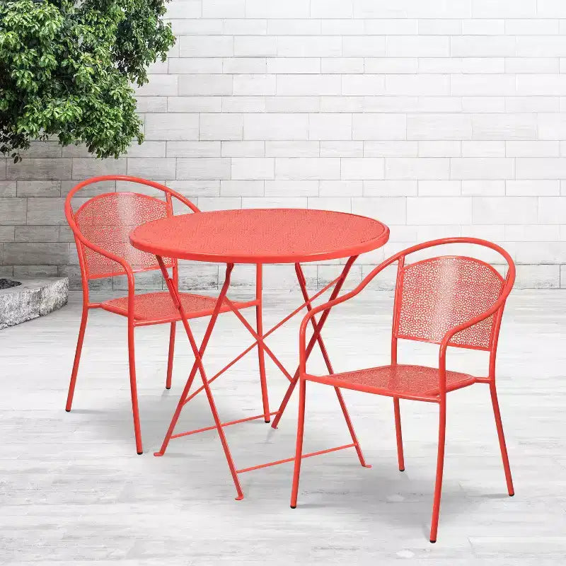 Ensemble de table de patio pliante ronde en métal de qualité commerciale Emma et Oliver de 76 cm avec 2 chaises à dossier rond