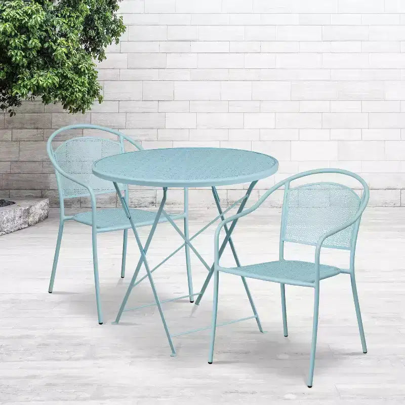 Ensemble de table de patio pliante ronde en métal de qualité commerciale Emma et Oliver de 76 cm avec 2 chaises à dossier rond