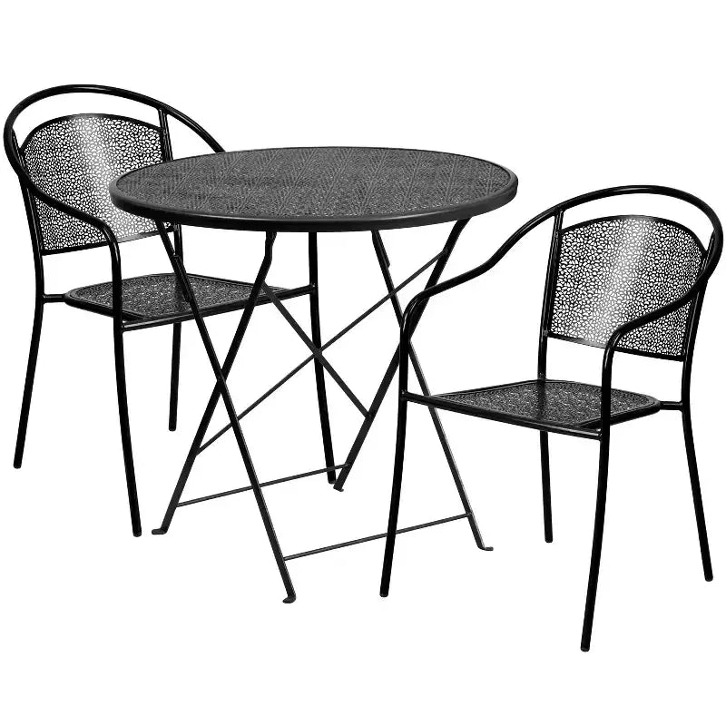 Ensemble de table de patio pliante ronde en métal de qualité commerciale Emma et Oliver de 76 cm avec 2 chaises à dossier rond