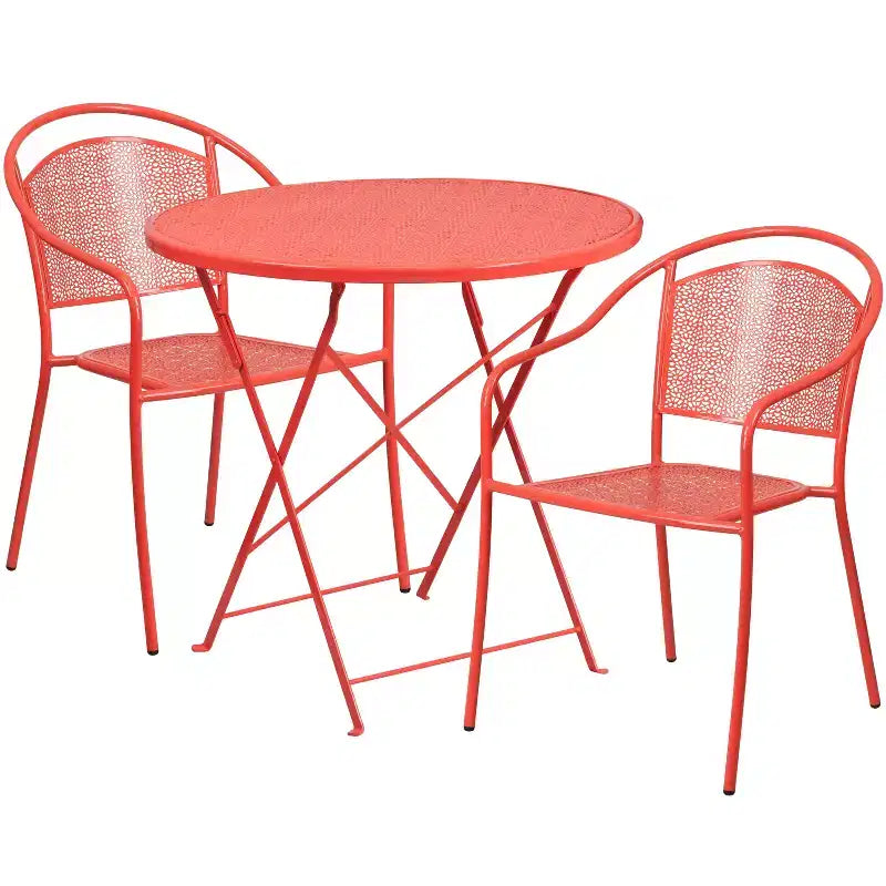 Ensemble de table de patio pliante ronde en métal de qualité commerciale Emma et Oliver de 76 cm avec 2 chaises à dossier rond