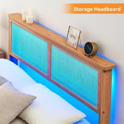 Struttura Letto in Rattan con Testiera Naturale, Luci a LED, Doghe in Legno Massello, Spazio Contenitore, Nessuna Rete a Molle Necessaria