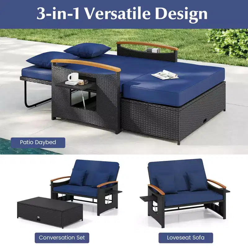 Set divano letto in rattan per esterni Costway con divanetto imbottito e poggiapiedi contenitore per veranda Beige/Blu marino/Rosso/Turchese/Nero/Grigio