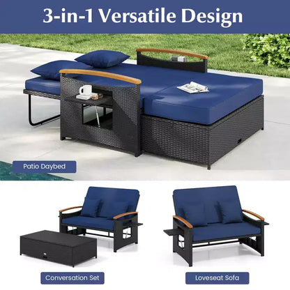 Set divano letto in rattan per esterni Costway con divanetto imbottito e poggiapiedi contenitore per veranda Beige/Blu marino/Rosso/Turchese/Nero/Grigio