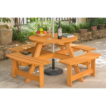 Tavolo da Picnic Rotondo da Giardino Gardenised in Legno per Esterni con Panca, 8 Posti