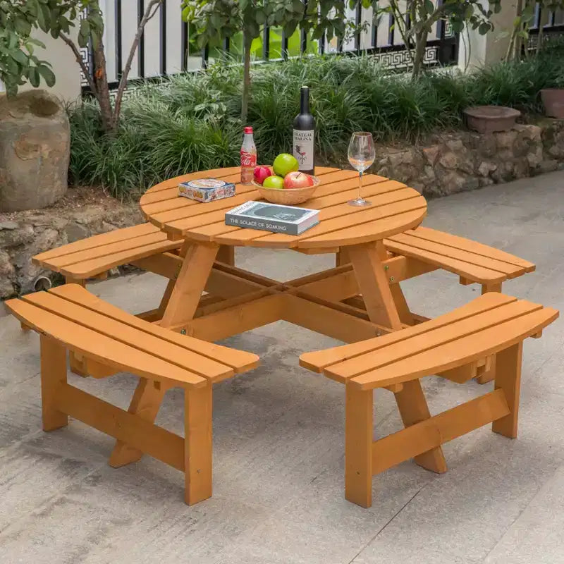 Tavolo da Picnic Rotondo da Giardino Gardenised in Legno per Esterni con Panca, 8 Posti
