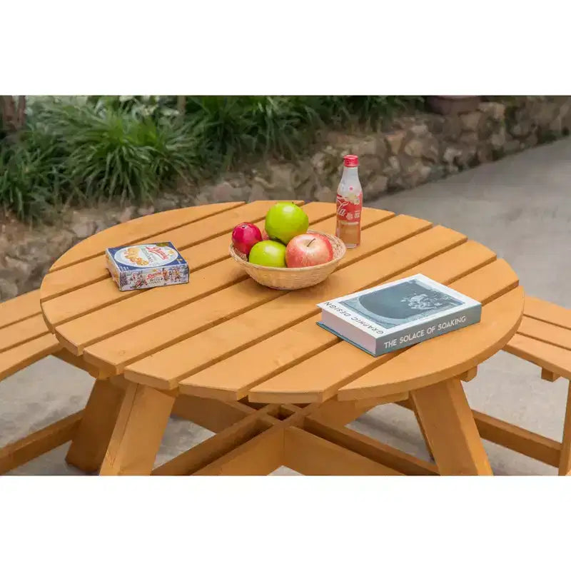 Tavolo da Picnic Rotondo da Giardino Gardenised in Legno per Esterni con Panca, 8 Posti