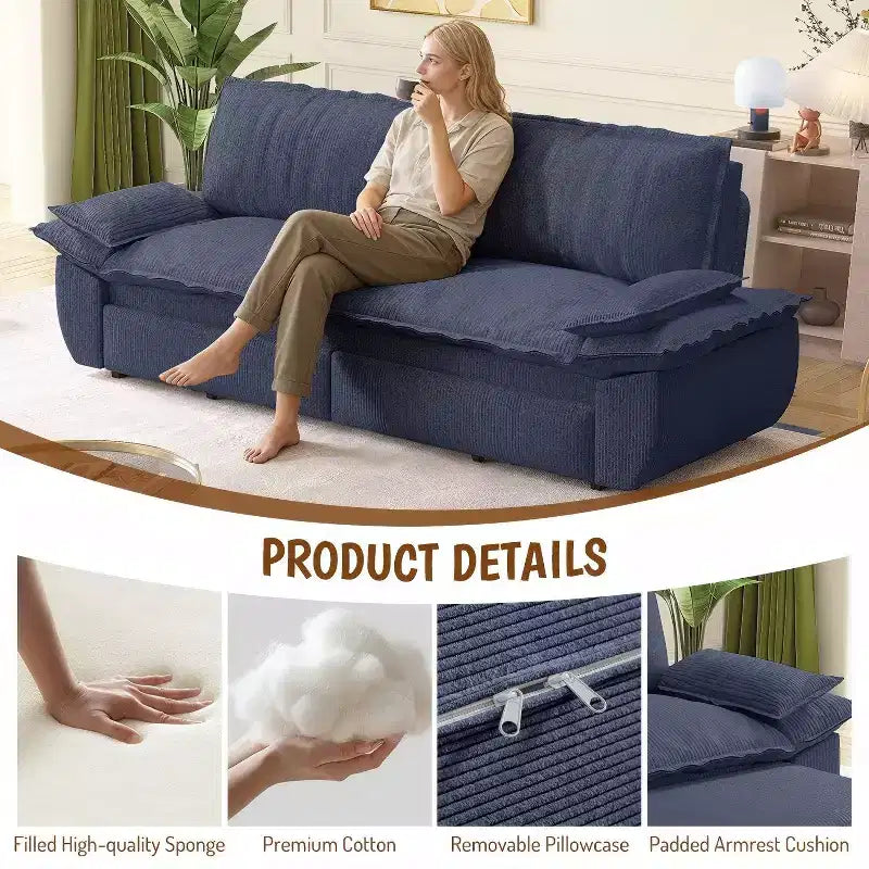 Divano Letto Convertibile Blu in Velluto, Divano Letto Estraibile 3 in 1, 3 Posti a Sedere