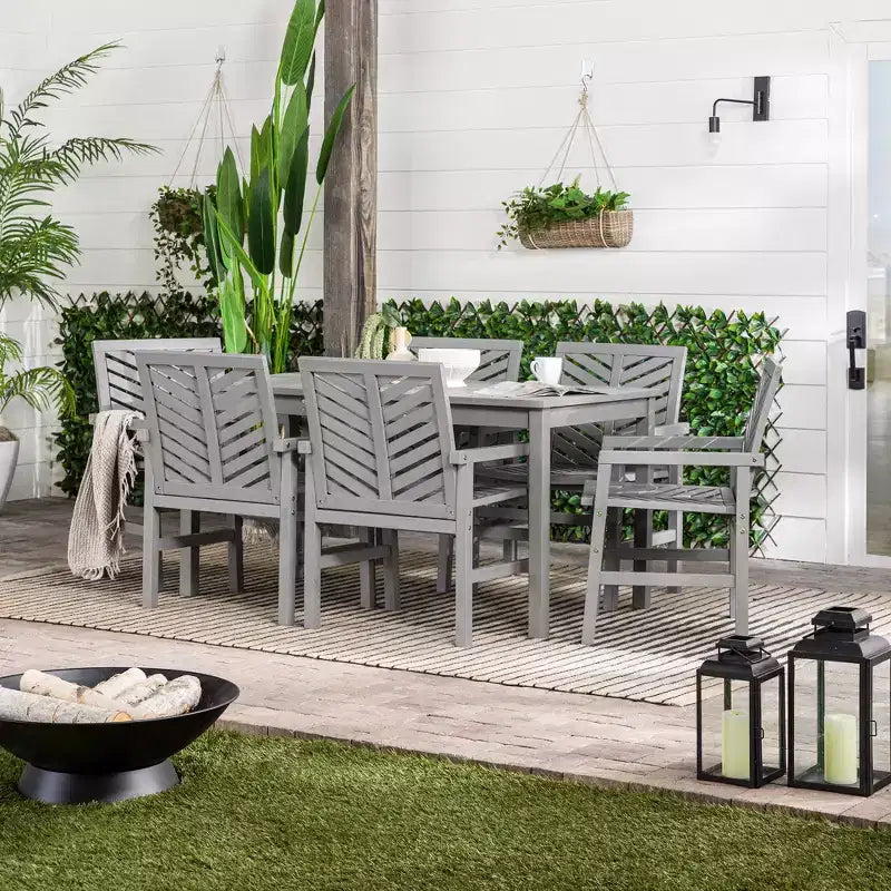 Ensemble de salle à manger extérieur 7 pièces en acacia à lattes chevrons - Saracina Home
