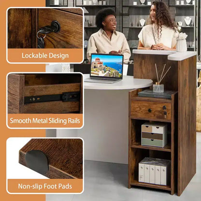 Costway Bancone per Reception, Scrivania da Ufficio con Ripiano Aperto e Cassetto con Serratura, Bianco/Marrone/Nero