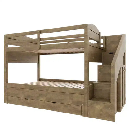Lit superposé Whisen Twin XL avec lit gigogne, lit superposé avec rangement, lit superposé en bois massif, escalier de rangement, armoire, 3 tiroirs, pour enfants