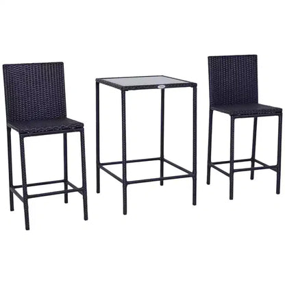 Outsunny 3 PCS Rattan Bar Set with Glass Top Table, 2 Bar Stools for Outdoor, Patio, Garden, Poolside, Backyard