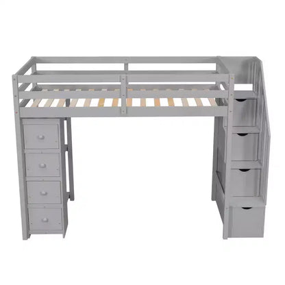 Lit mezzanine double en bois Whisen avec tiroirs de rangement, escalier et étagères