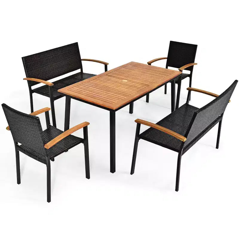 Ensemble de salle à manger Costway 5 pièces en rotin pour patio, table en bois d'acacia, chaises empilables, banc