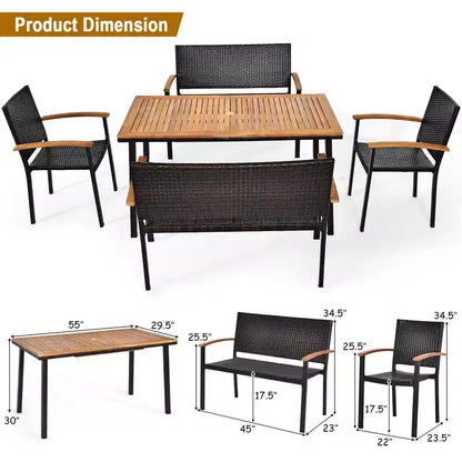 Ensemble de salle à manger Costway 5 pièces en rotin pour patio, table en bois d'acacia, chaises empilables, banc