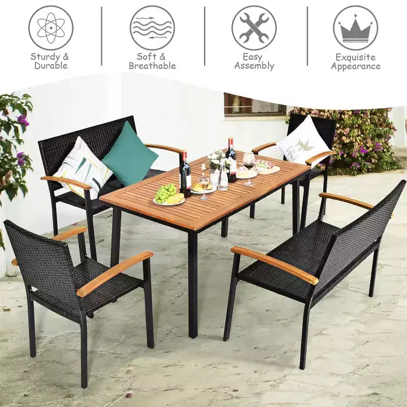 Ensemble de salle à manger Costway 5 pièces en rotin pour patio, table en bois d'acacia, chaises empilables, banc