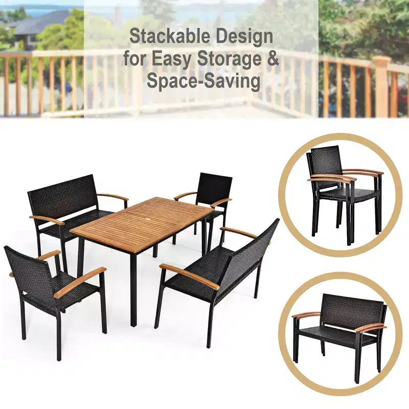 Ensemble de salle à manger Costway 5 pièces en rotin pour patio, table en bois d'acacia, chaises empilables, banc
