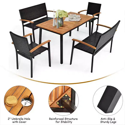 Ensemble de salle à manger Costway 5 pièces en rotin pour patio, table en bois d'acacia, chaises empilables, banc