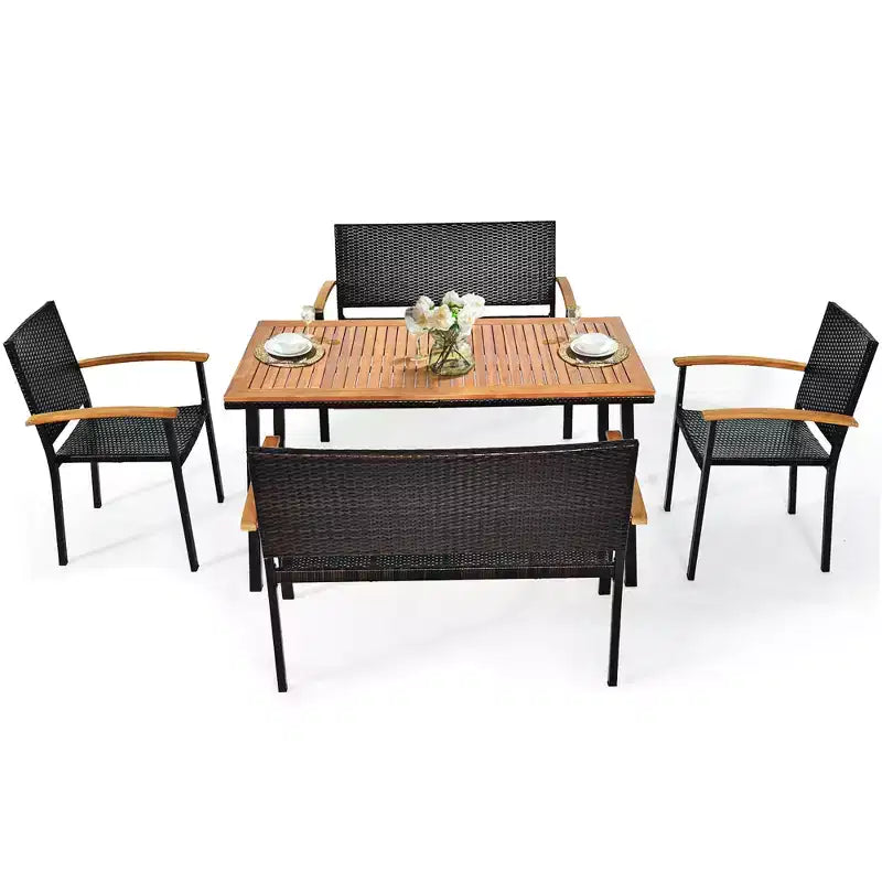Ensemble de salle à manger Costway 5 pièces en rotin pour patio, table en bois d'acacia, chaises empilables, banc