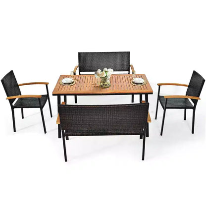 Ensemble de salle à manger Costway 5 pièces en rotin pour patio, table en bois d'acacia, chaises empilables, banc