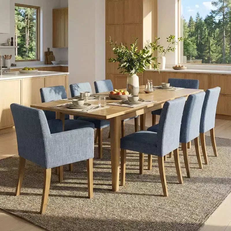 Set da pranzo da 9 pezzi con prolunga, include 6 sedie senza braccioli e 2 poltrone in lino neutro, gambe in legno massello, stile moderno-Panipeachy
