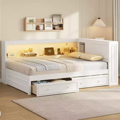 Letto angolare a grandezza naturale con cassetti portaoggetti, libreria, struttura letto a giorno in legno a forma di L con testiera a libreria per soggiorno
