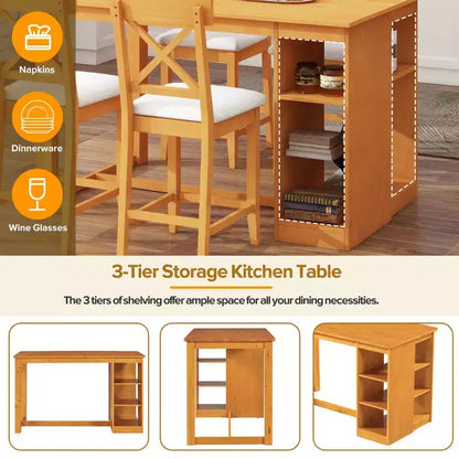 Set da pranzo a 5 pezzi in stile rustico ad altezza bancone per 4 persone, set da tavolo da bar in legno con ripiani e 4 sedie imbottite