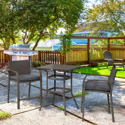 Outsunny Set 3 Pezzi in Rattan e Vimini, Tavolo con Top Effetto Legno e 2 Sgabelli da Bar per Esterni, Patio, Bordo Piscina, Giardino