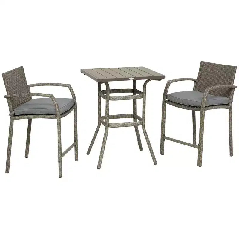 Outsunny Set 3 Pezzi in Rattan e Vimini, Tavolo con Top Effetto Legno e 2 Sgabelli da Bar per Esterni, Patio, Bordo Piscina, Giardino