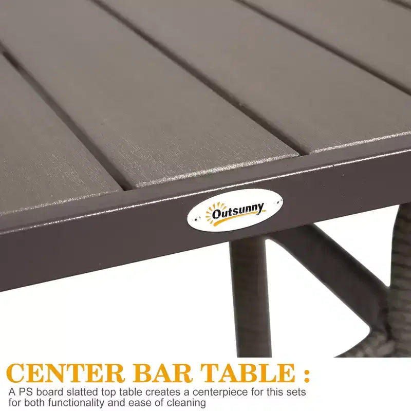 Outsunny Set 3 Pezzi in Rattan e Vimini, Tavolo con Top Effetto Legno e 2 Sgabelli da Bar per Esterni, Patio, Bordo Piscina, Giardino