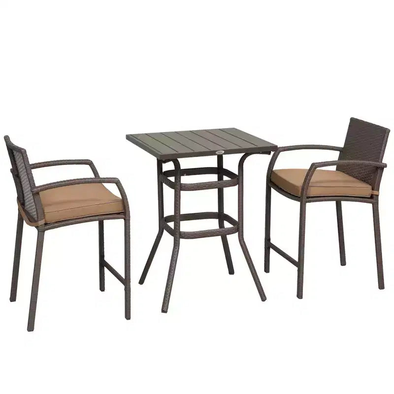 Outsunny Set 3 Pezzi in Rattan e Vimini, Tavolo con Top Effetto Legno e 2 Sgabelli da Bar per Esterni, Patio, Bordo Piscina, Giardino