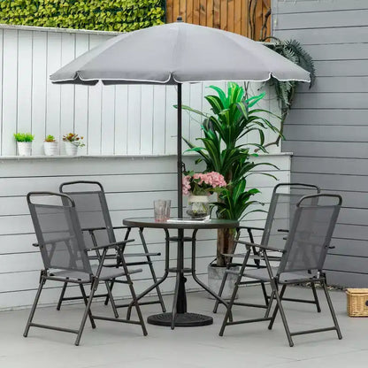 Set da pranzo da giardino Outsunny 6 pezzi per 4 persone con ombrellone, 4 sedie pieghevoli e tavolo rotondo in vetro per giardino, cortile e bordo piscina