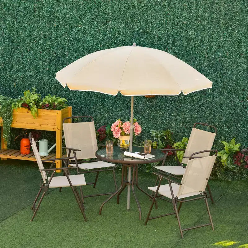 Set da pranzo da giardino Outsunny 6 pezzi per 4 persone con ombrellone, 4 sedie pieghevoli e tavolo rotondo in vetro per giardino, cortile e bordo piscina