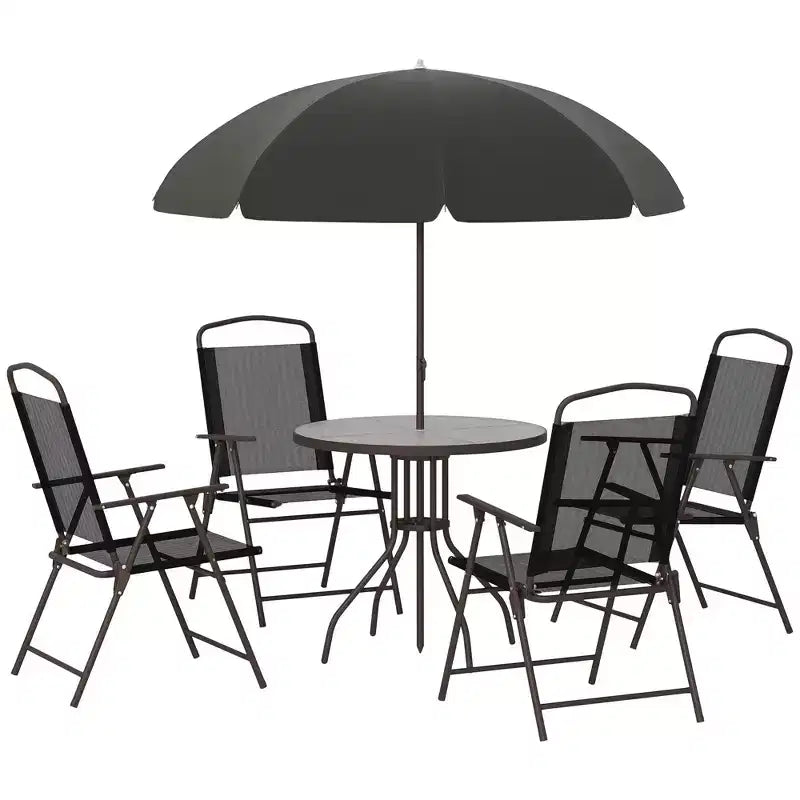 Set da pranzo da giardino Outsunny 6 pezzi per 4 persone con ombrellone, 4 sedie pieghevoli e tavolo rotondo in vetro per giardino, cortile e bordo piscina