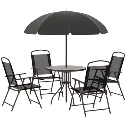 Set da pranzo da giardino Outsunny 6 pezzi per 4 persone con ombrellone, 4 sedie pieghevoli e tavolo rotondo in vetro per giardino, cortile e bordo piscina