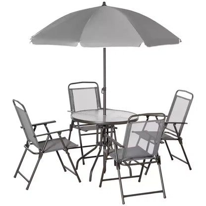 Set da pranzo da giardino Outsunny 6 pezzi per 4 persone con ombrellone, 4 sedie pieghevoli e tavolo rotondo in vetro per giardino, cortile e bordo piscina