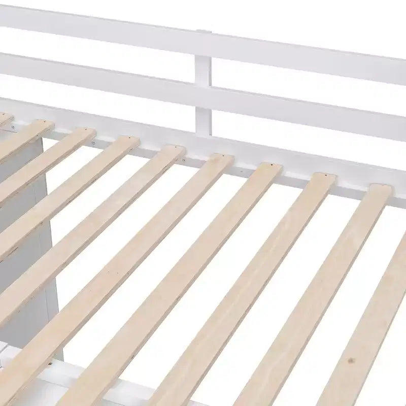 Letto a soppalco intero in pile orsetto con mensola portaoggetti e cassetti, letto a soppalco alto in legno con scrivania versatile per camera da letto
