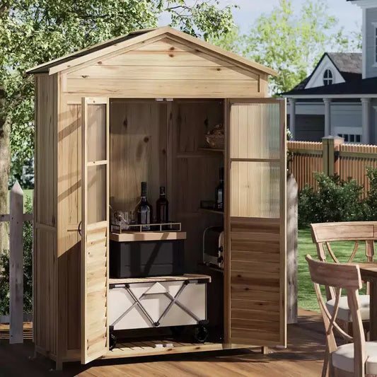 Mobile da Patio in Legno Resistente alle Intemperie Abete con Tetto Impermeabile, 6 Ripiani Regolabili, Pali di Fissaggio e Kit Anti-Caduta Ideale per Attrezzi da Giardino
