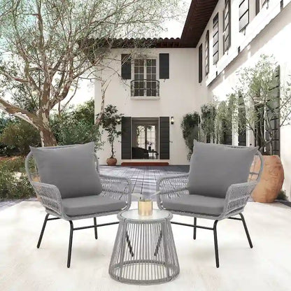 Set da Bistrot da Esterno in Rattan da 3 Pezzi, Set di Mobili da Giardino con Tavolo in Vetro e 2 Ampie Poltrone, Cuscini Inclusi