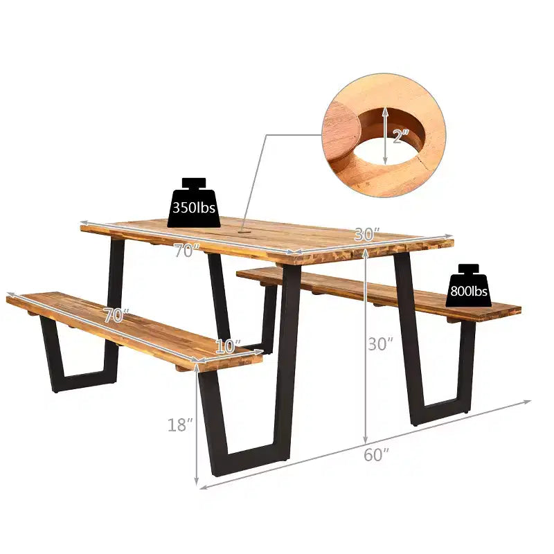 Tavolo da picnic brevettato Costway con 2 panche, set da pranzo da 70'' con sedute e foro per ombrellone
