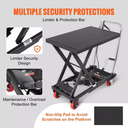 Carrello da Tavolo Idraulico a Forbice, Capacità 227 kg, Altezza di Sollevamento 72,4 cm, Tavolo Elevatore Manuale a Forbice Singola con 4 Ruote e Tappetino Antiscivolo