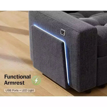Divano componibile Dyonery a 8 posti a U con letto estraibile/schienale reclinabile/porte USB/tavolo/vano contenitore, montaggio senza attrezzi